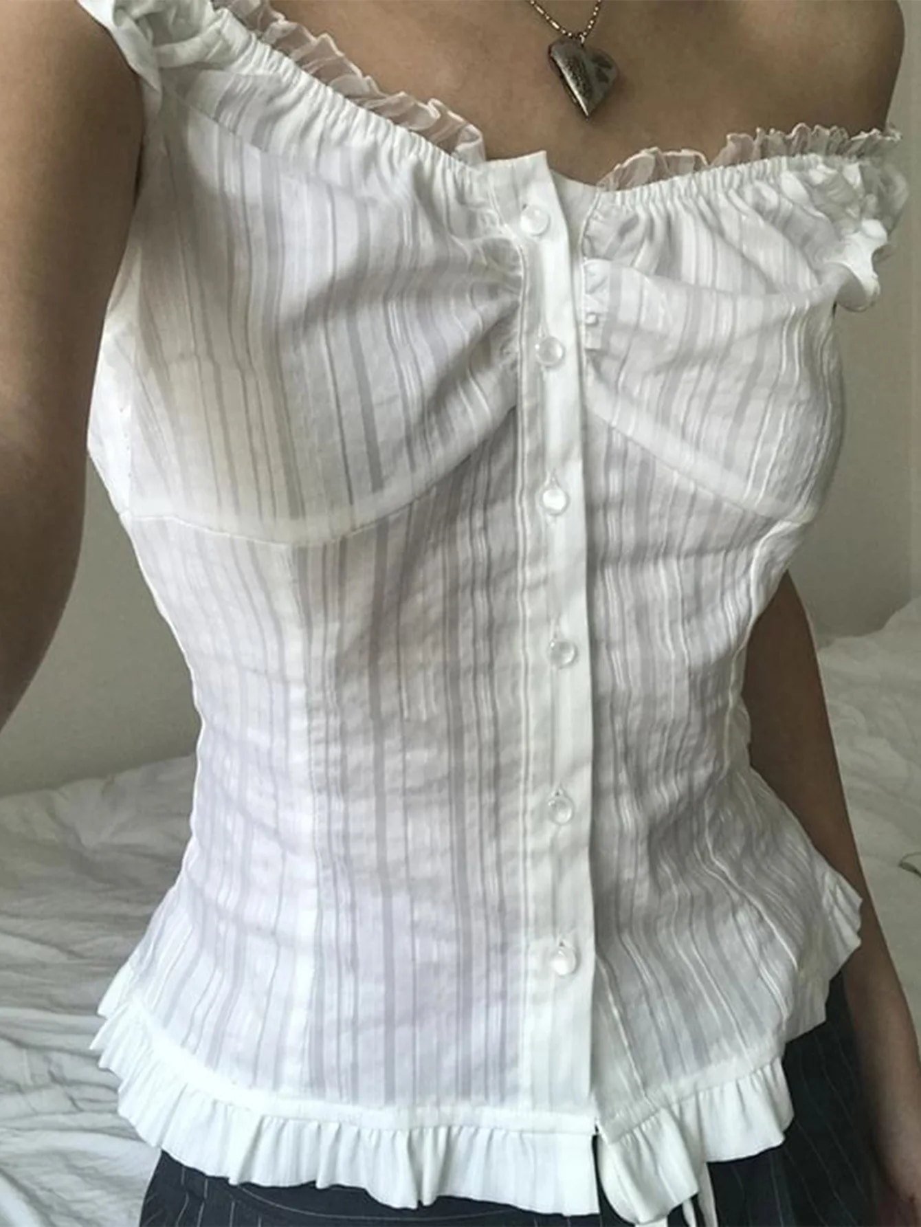 

New French Fashionable Elegant Girl's Style Mesh Splicing One Word Collar Striped Printed Pearl Button Front Women's Shirt
