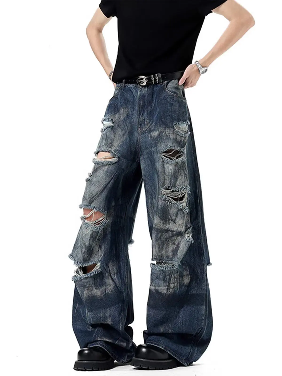 بنطلون جينز أزرق مغسول بفتحات أمريكية عتيقة للرجال 2025 جديد فضفاض غير رسمي بخصر مطاطي مطبوع عليه قذرة سروال طويل من قماش الدنيم