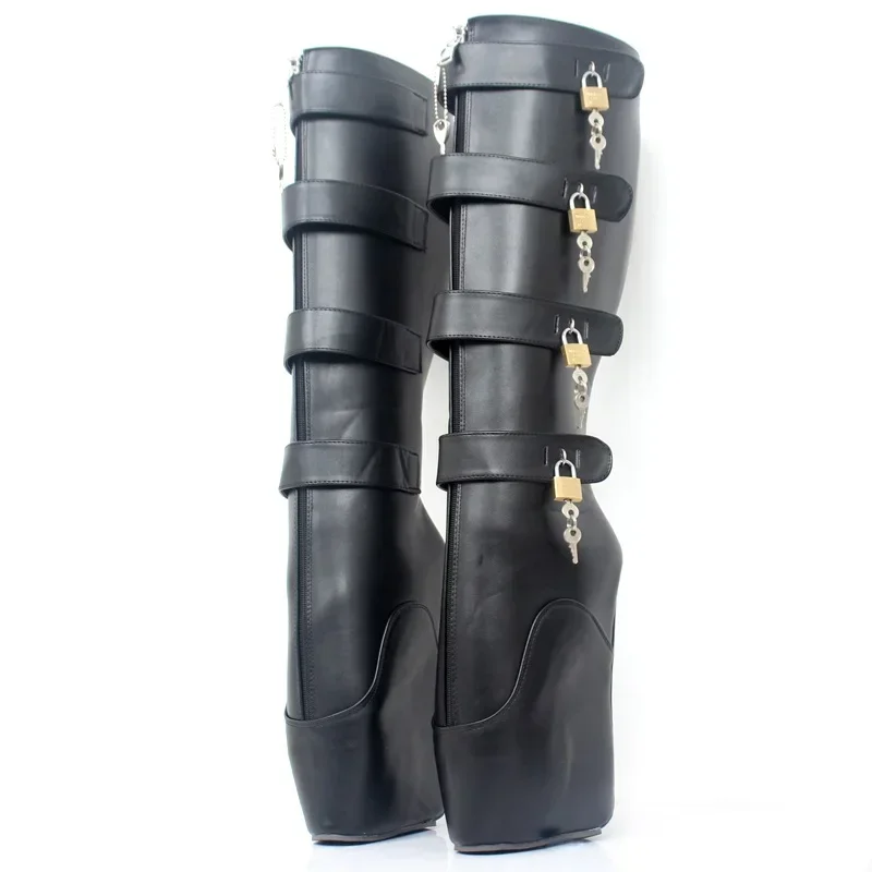 

Women Fetish Knee High Ballet Boots,18cm Wedges Hoof Heels Platform Queen Training Stages Shoes,Forbidden Lockable Slave Botas,