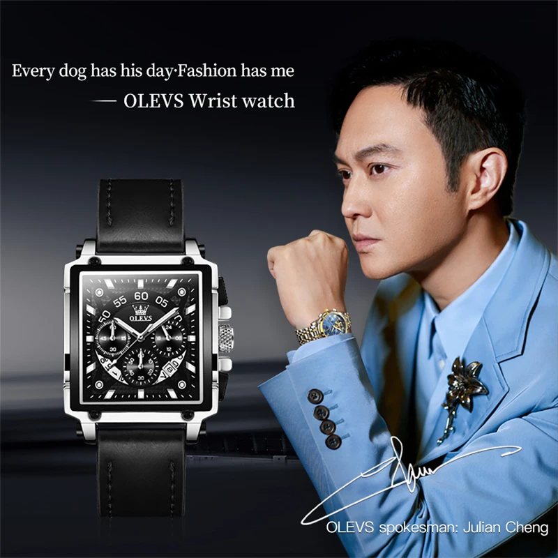 OLEVS-Relógio de quartzo impermeável masculino, pulseira de couro, Big Dial Square Chronograph, relógio esportivo masculino, original, 9919