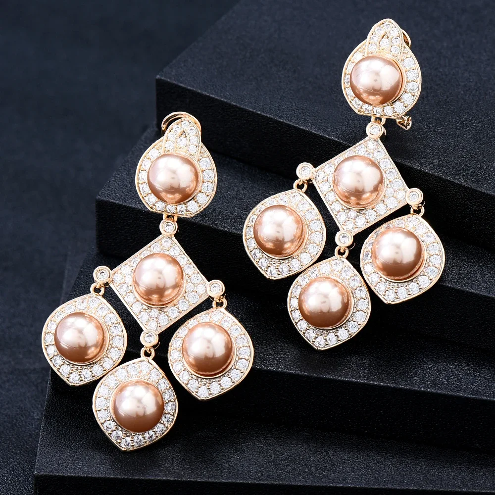 

Soramoore New Luxury Pearls Earrings For Women Wedding Party CZ Dubai Bridal Earrings boucle d'oreille Trendy Jewelry Gift