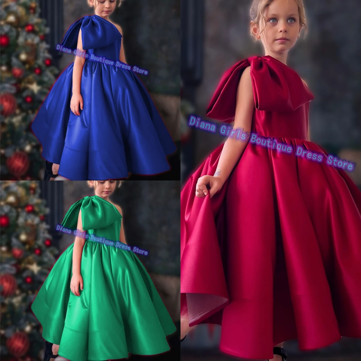 Precioso vestido de niña de flores de satén personalizado de Navidad, adorno de lazo rojo, vestidos de boda para fiesta de cumpleaños para niñas pequeñas, vestidos de princesa