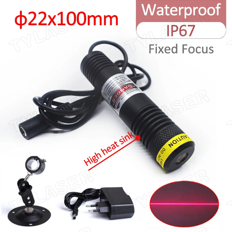 Waterproof IP67 22X100mm 650nm Red Line 10mW-100mW Laser Module for Woodworking Cutting Positioning(with Bracket and EU Adapter)