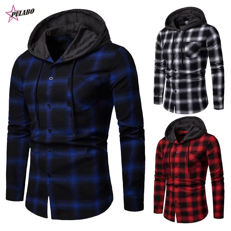 

PULABO Men's Fleece Lined Plaid Jacket Men's Button Solid Color Vintage Cotton Jacket Tops Blouse Autumn Winter Hooded Coat