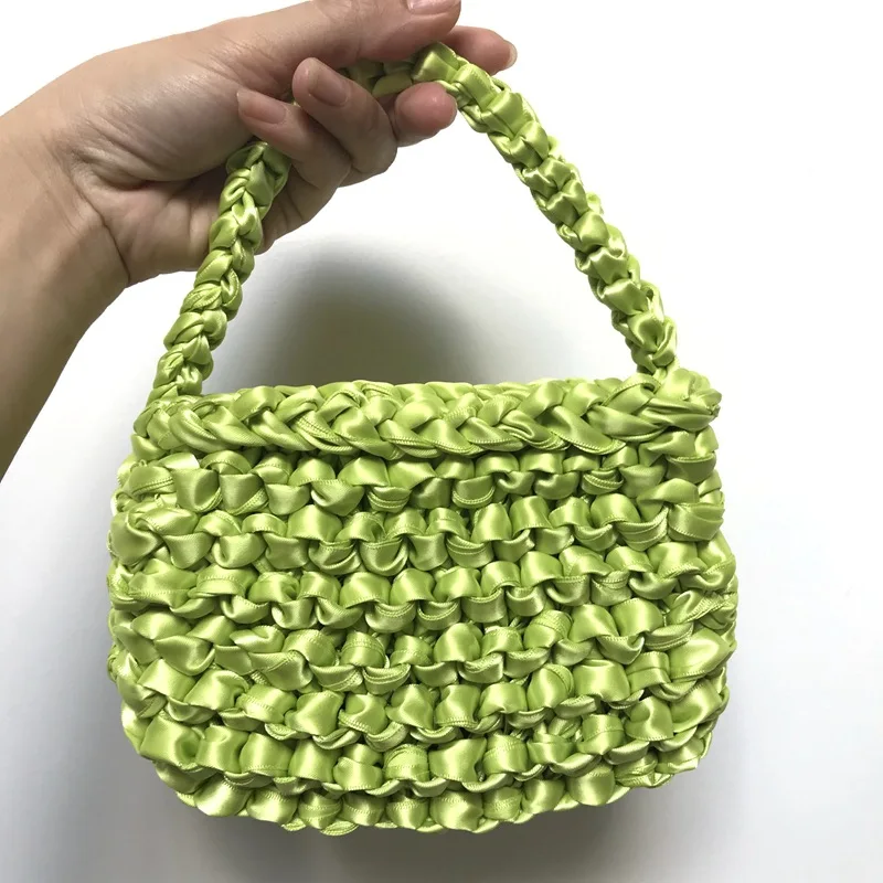 

Fashion Silky Satin Woven Bag Women Sweet Mini Homemade Hollow Pure Color Hobos Elegant Ladies Rope Braid Handbag Bolso Mujer