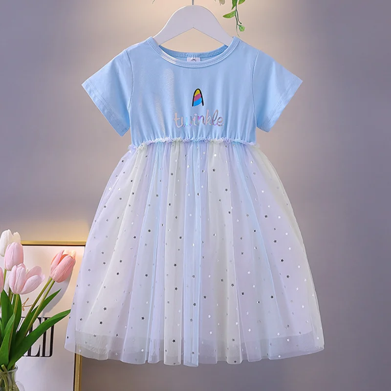 

Summer New Girl Unicorn Printed Patchwork Mesh Sequins Sweet and Cute Dress School Party Stage Drama Performance Dress