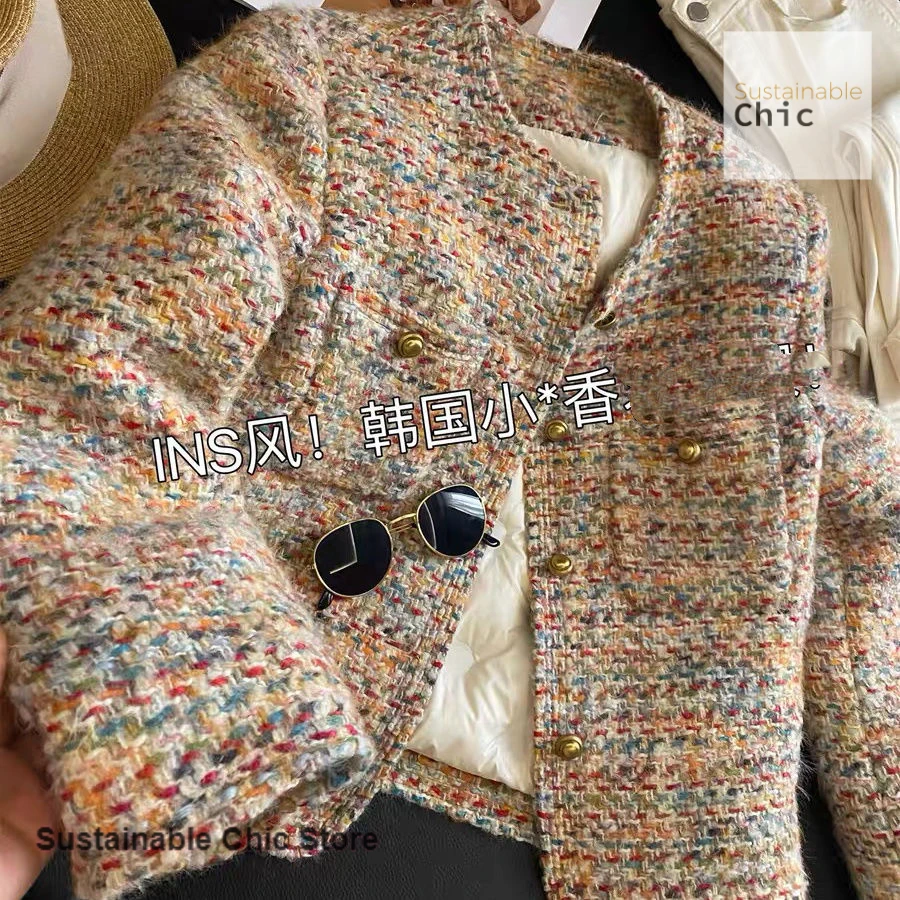 

French temperament ladies thickened colored tweed small fragrance short coat women's autumn and winter new fashion casual coat.