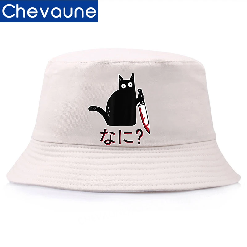 Black Cat Bucket Caps Women Little Black Cat And Knife Hat Casual Fisherman Hats For Man Outdoor Summer Women Cotton Panama Caps