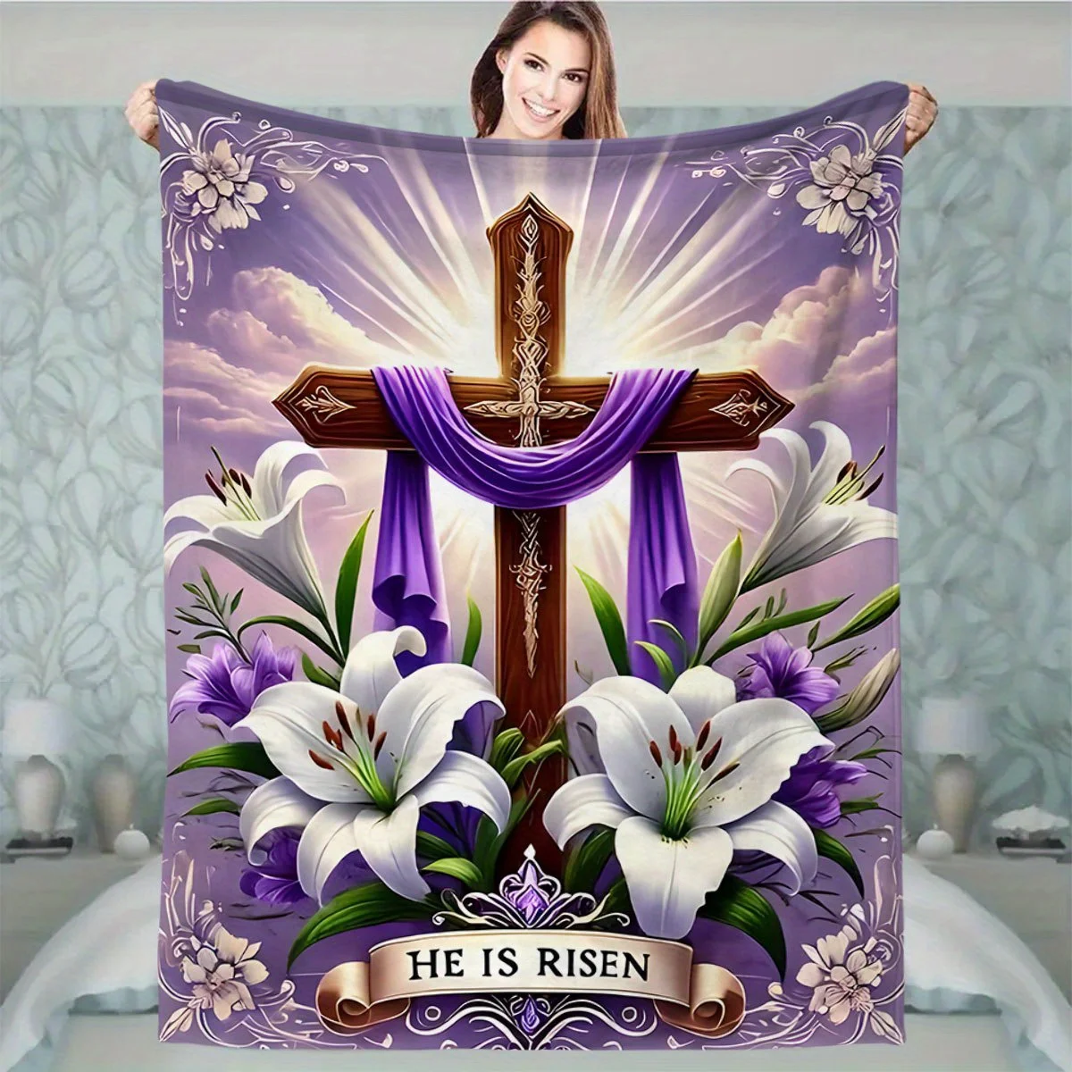 

1 "resurrected" flannel printed blanket, small lunch break blanket, warm and comfortable, soft and light beige, indoor/car