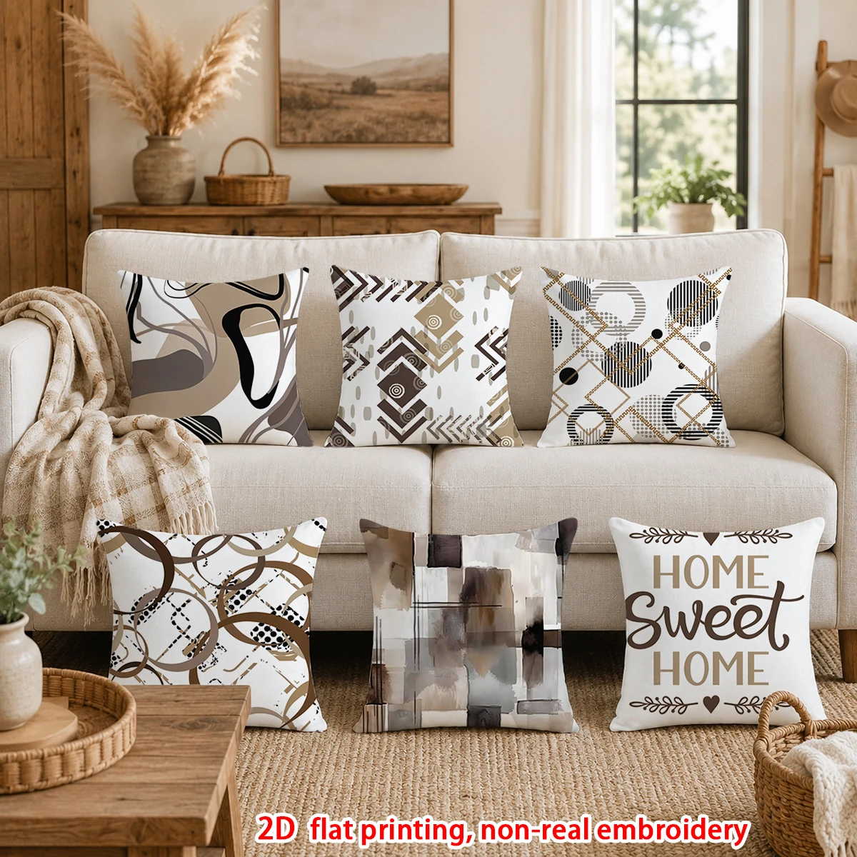 1pc Brown Neutral Tone Decorative Throw Pillow Covers, Modern Abstract Geometric Sweet Home Pattern Cushion Cases