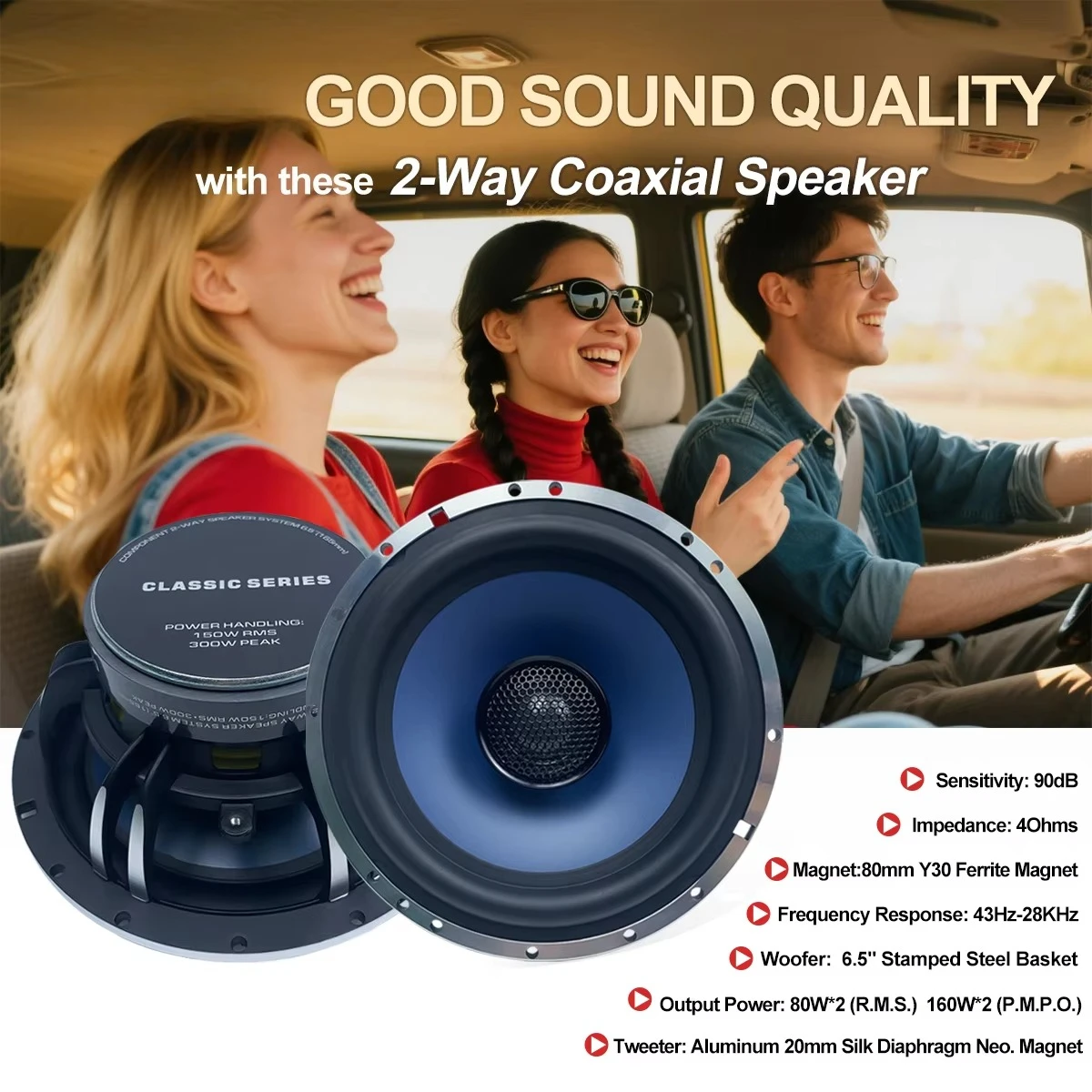 6.5 Inch 90dB Coaxial Car Audio Speaker RMS 80W*2 PP Cone Aluminum Basket Silk Dome Tweeter for High Quality Auto Sound System