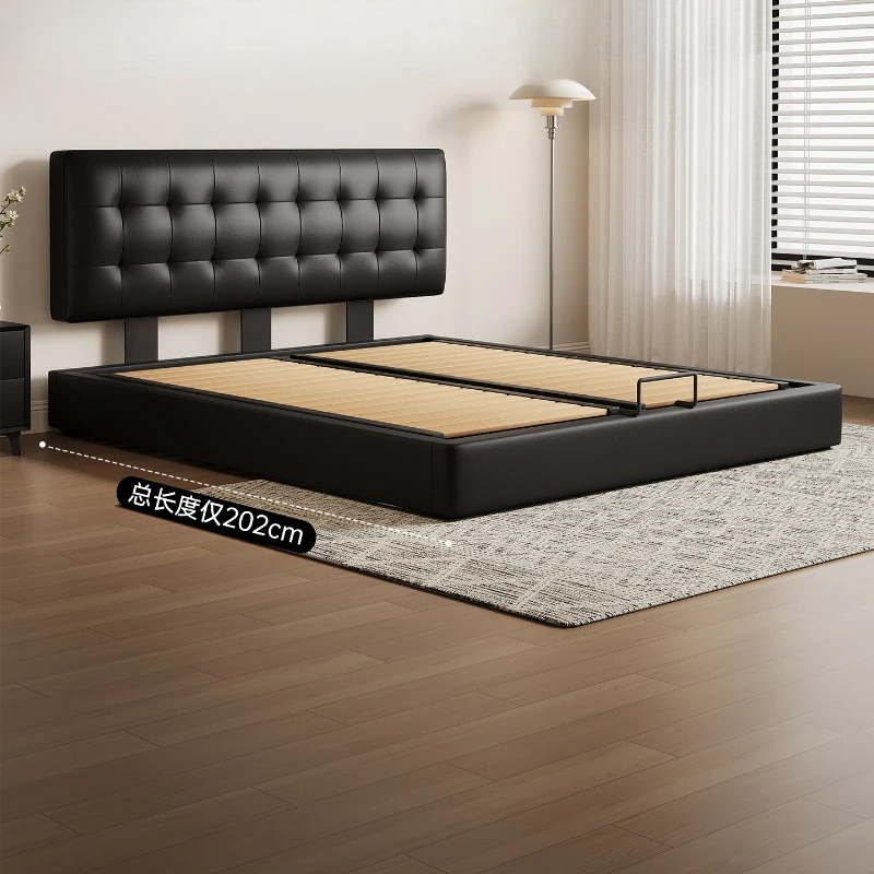 

Leather master bedroom storage bed black small apartment adjustable thin bed medieval double bed