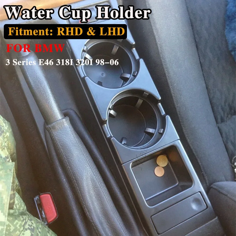 Black Double Hole Car Vehicle Front Center Console Storage Box Coin + Cup Holder for BMW E46 3SERIES 1999-2006 51168217957