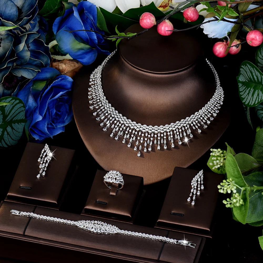 

HIBRIDE 2025 New Stunning Women Tassel Necklace Earrings Bracelet 4 Piece Jewelry Set Suitable for Wedding Prom Dress Gift S-979