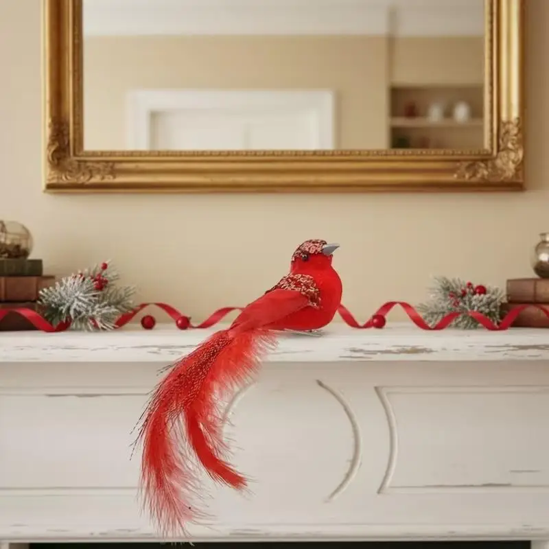 Simulation Feather Birds Handicraft Red Birds Figurines Garden Lawn With Clips For Tree Decor Christmas Home Decoration