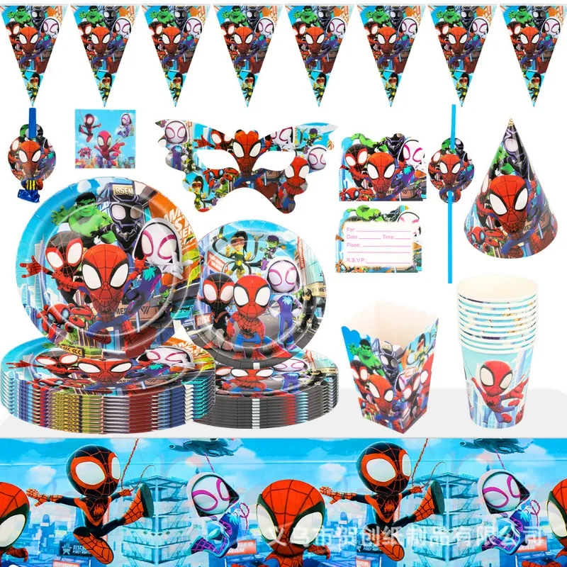 

Marvel Spiderman Kids Party Disposable Spoon Cup Plate Set Cartoon Theme Birthday Supplies