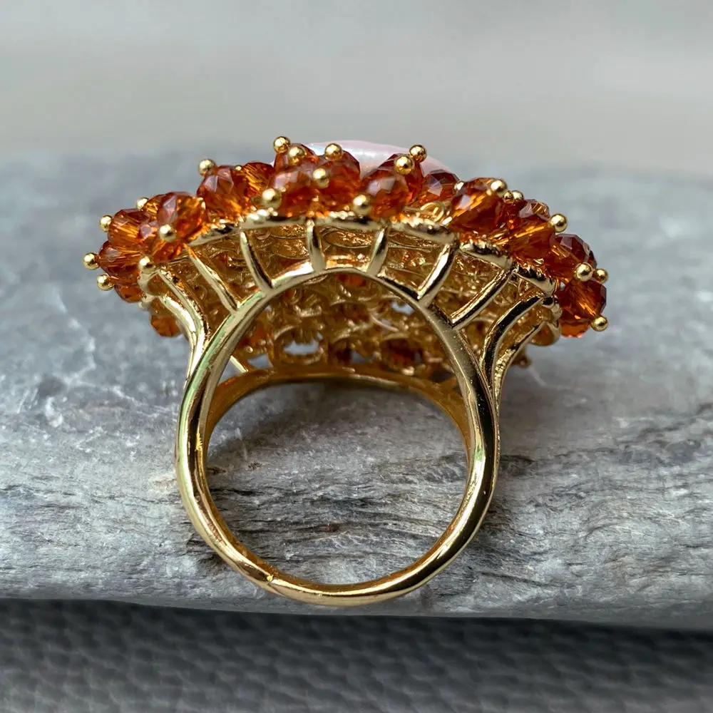 White Coin Pearl Brown Crystal Gold Plated Adjustable Ring - Image 6