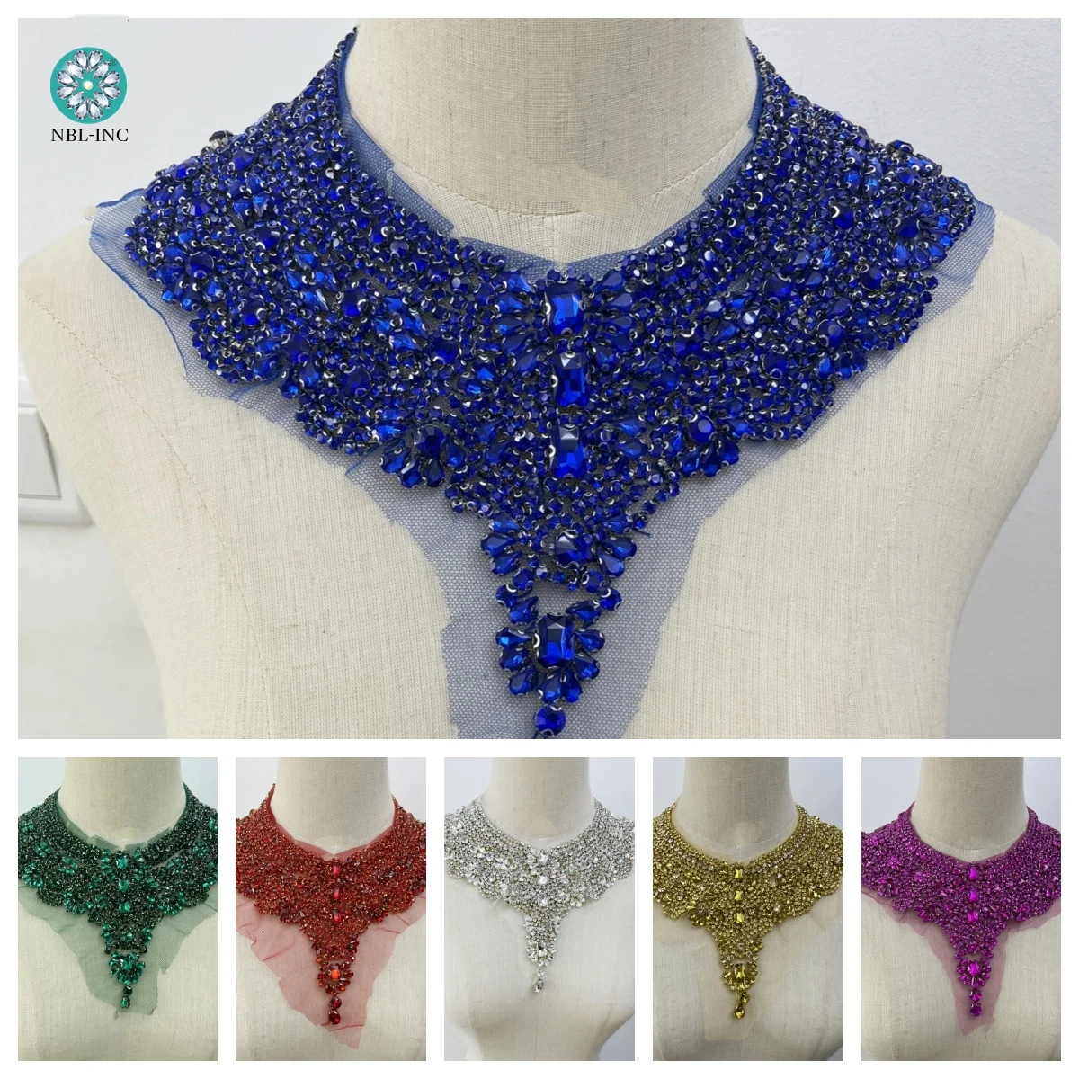 (1PC) Luxury silver crystal glass rhinestone neck collar applique patch sew on for wedding evening dress WDD1386