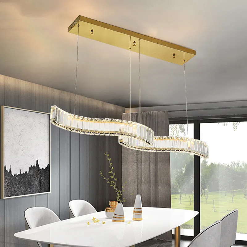 Modern K9 Crystal  Led Pendant Lights for Dining Room Dimmable Gold / Chrome Chandeliers Wave Steel Lustre Hanging Lamp