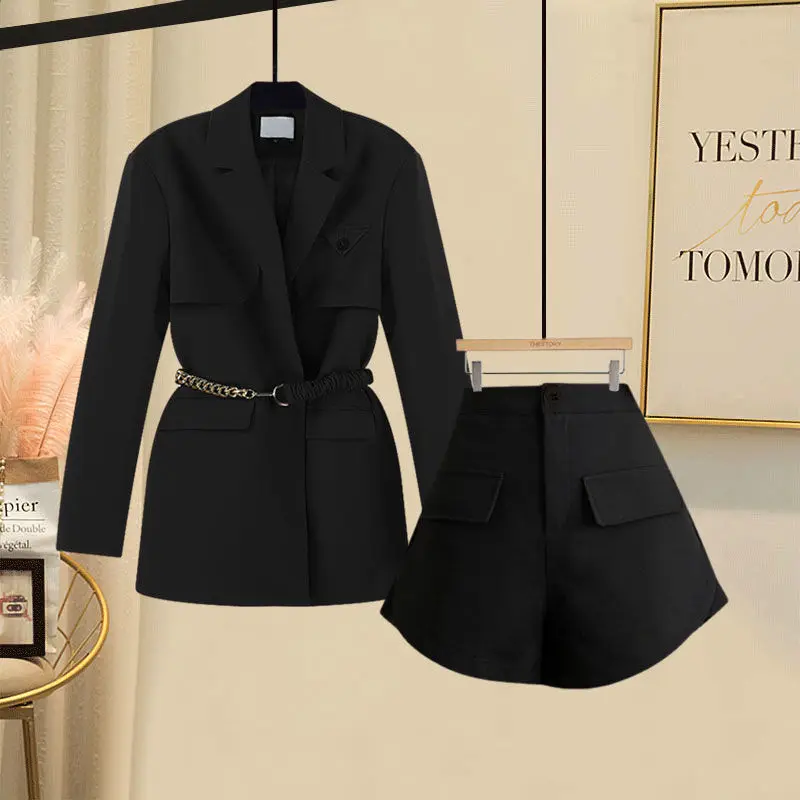 Verão 2023 roupa feminina terno cinto jaqueta decorativa blazer shorts finos de duas peças elegantes calças femininas terno roupas de escritório