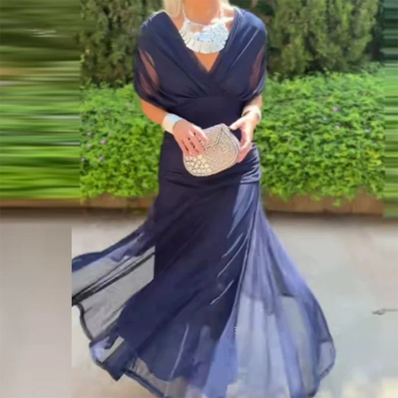 メッシュプリント レディース Vネック 宴会ドレス カジュアル オフショルダー プリーツ ロングドレス サマー レトロ ハイウエスト 半袖 ワンピース