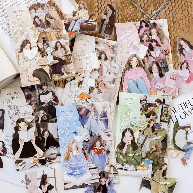 30-Pack Decorative Stickers, Reading Girl Decals, Aesthetic Labels for Scrapbooking and Diary Albums