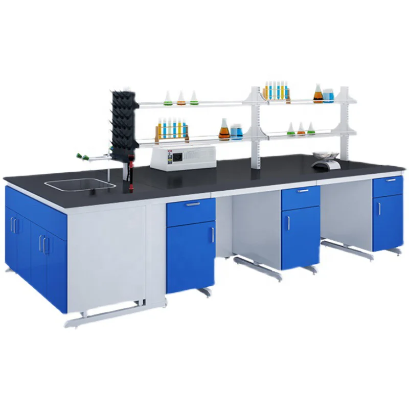 Chemical Test Table, Steel + Wood Central Cabinet Laboratory Operating Console Table Furniture School Hospital Chemistry Desk