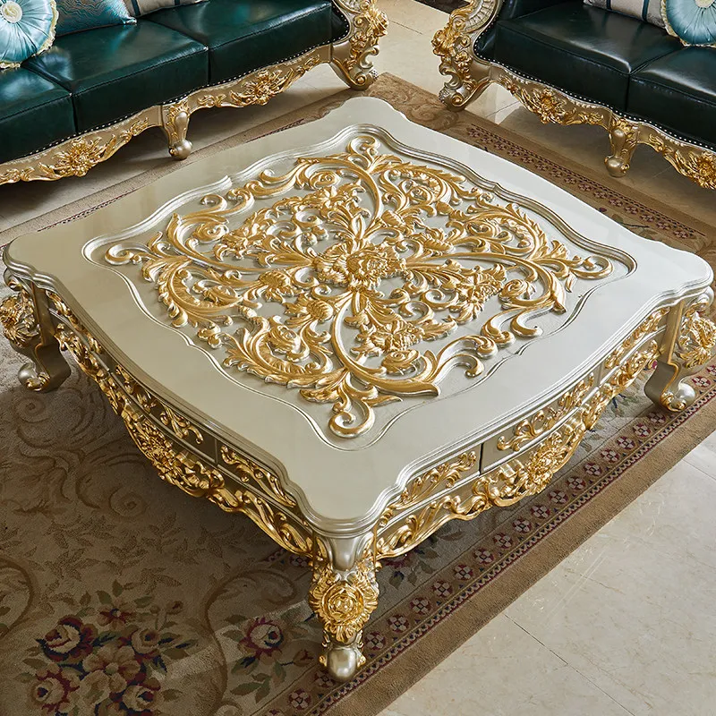 European square coffee table wood surface solid wood carving flower tempered glass tea table American villa living room champagn