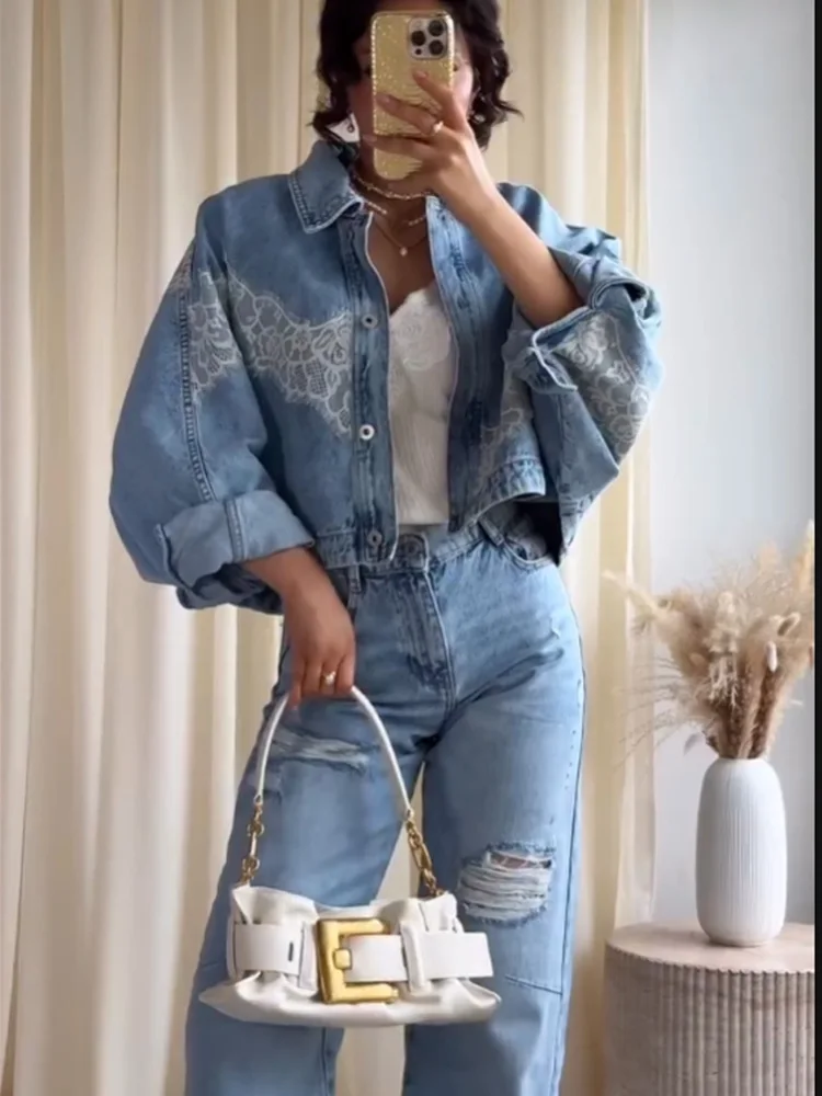 

HH Women Chic Long Sleeve Single-breasted Lace Lapel Short Denim Jacket+Hole Decoration Mid-rise Loose Jeans Spring 2-Piece Set
