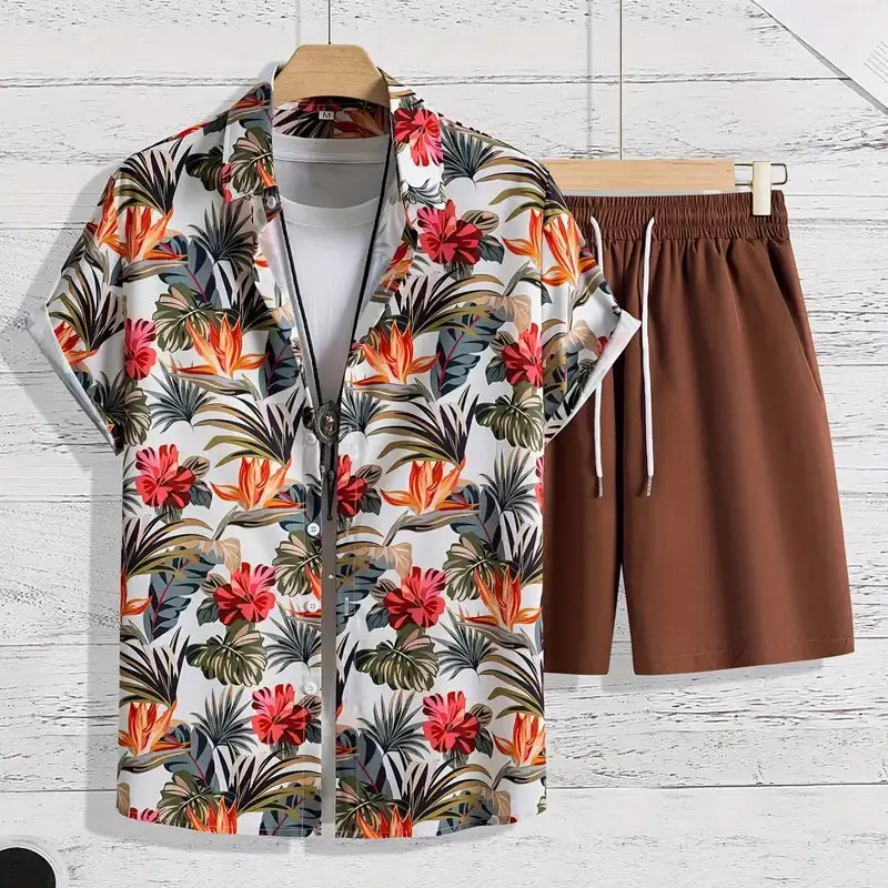 2024 New Classic Men\'s Suit Casual Floral Print Shirt T Shirt And Shorts Two Piece Summer Outdoor Travel Activity Clothing 5XL