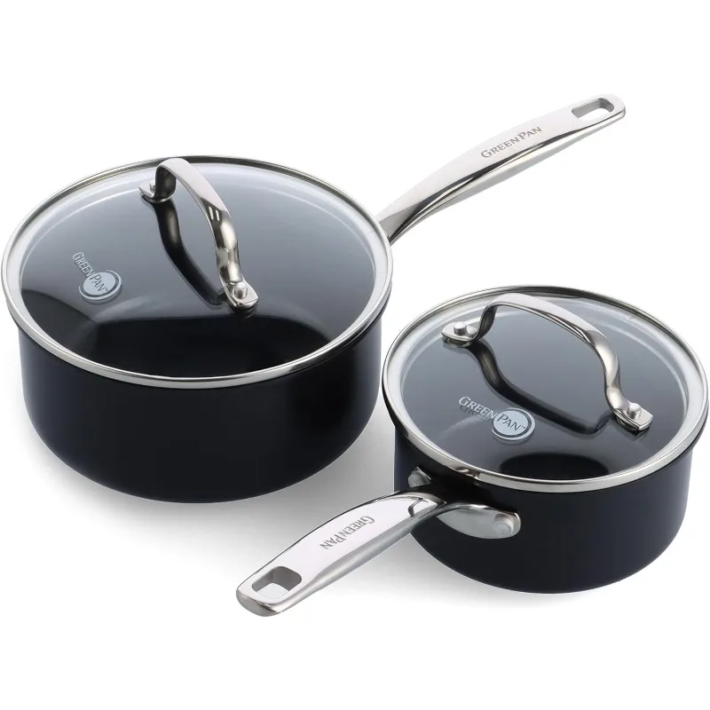 1QT & 2QT Saucepan Pot Set with Glass Lids, Hard Anodized Diamond Infused Ceramic Nonstick, PFAS-Free, Multipurpose Chefs Pan