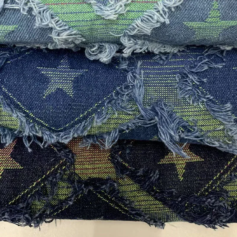

Washed Denim Fabric Soft Wearable Sewing Material for Dresses Bags Pants Hats Colorful Star Jacquard Pattern Denim Textile Cloth