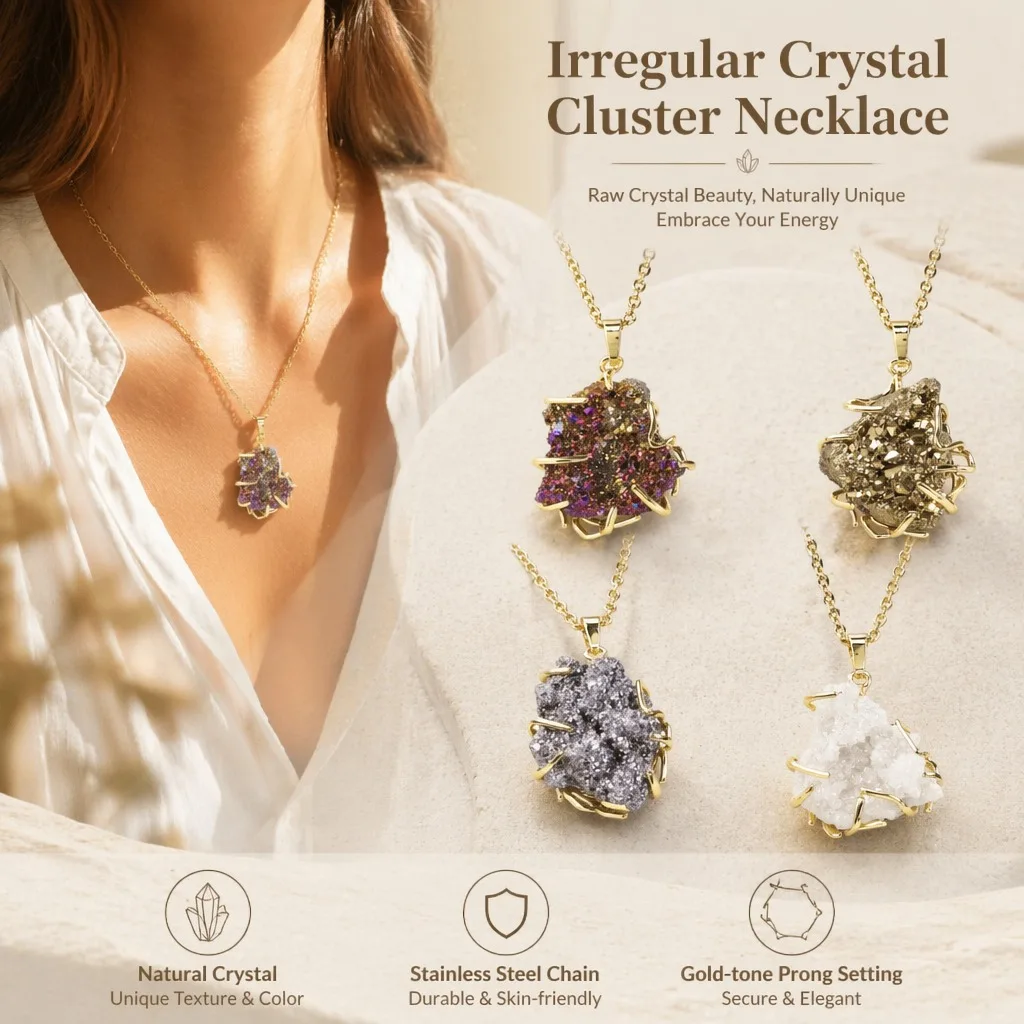 New Arrivals Natural Crystal Raw Ore Tooth Bud Pendant Necklace Retro Bohemian Sparkling Gemstone Jewelry for Women Men Gift