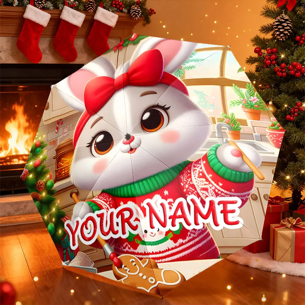 Custom Name Umbrella， Cute Christmas Bunny Baking Gingerbread Personalized Umbrella Design ,Portable Folding Umbrella, Gift