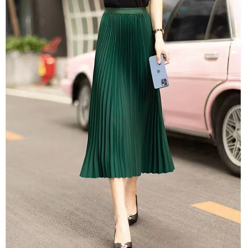 Summer New Pleated High Waist Thin Skirts Solid Color Loose All-match Plus Size A-line Skirt Elegant Fashion Women Clothing