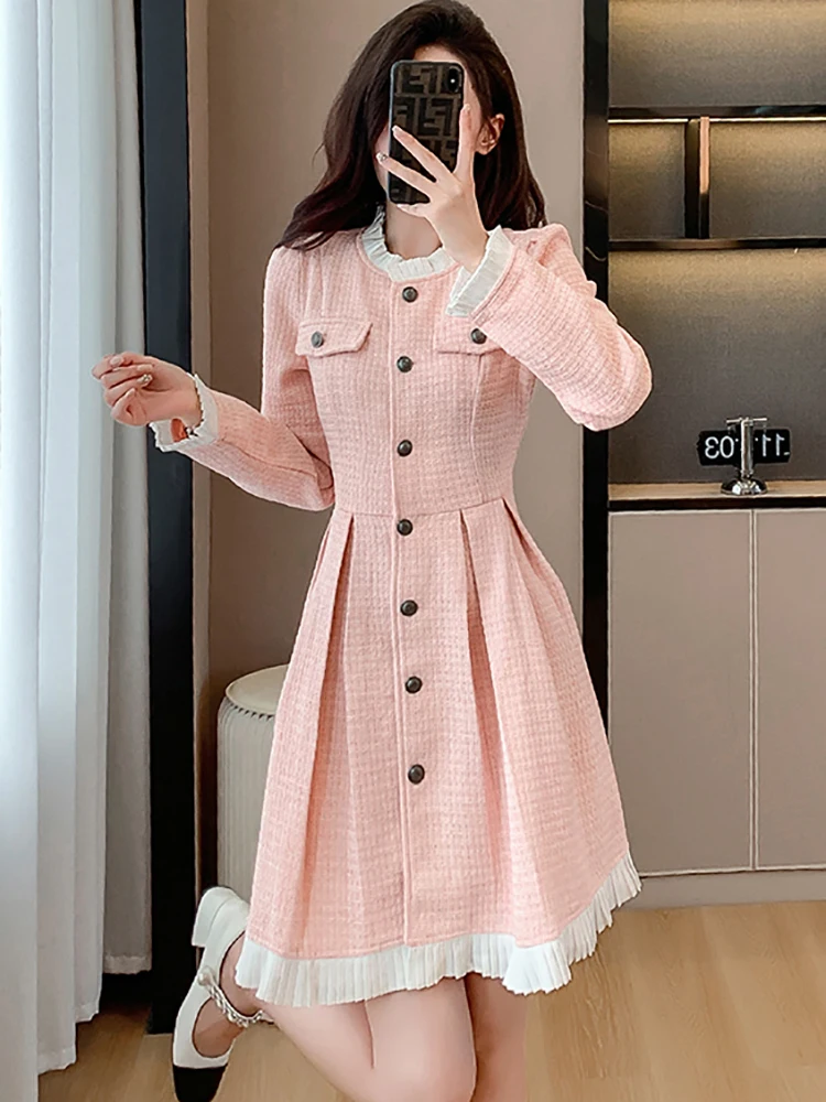 Women Pink Elegant Ruffled Casual A-Line Short Dress Autumn Winter Fashion Chic Kawaii Dress 2024 Korean Bodycon Party Vestidos