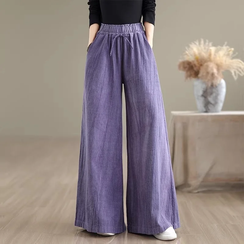 Handmade Tie Dye Cotton Linen Pants Women 2026 Spring, High Waist Artistic Retro Straight Loose Trousers, Versatile Casual w2221