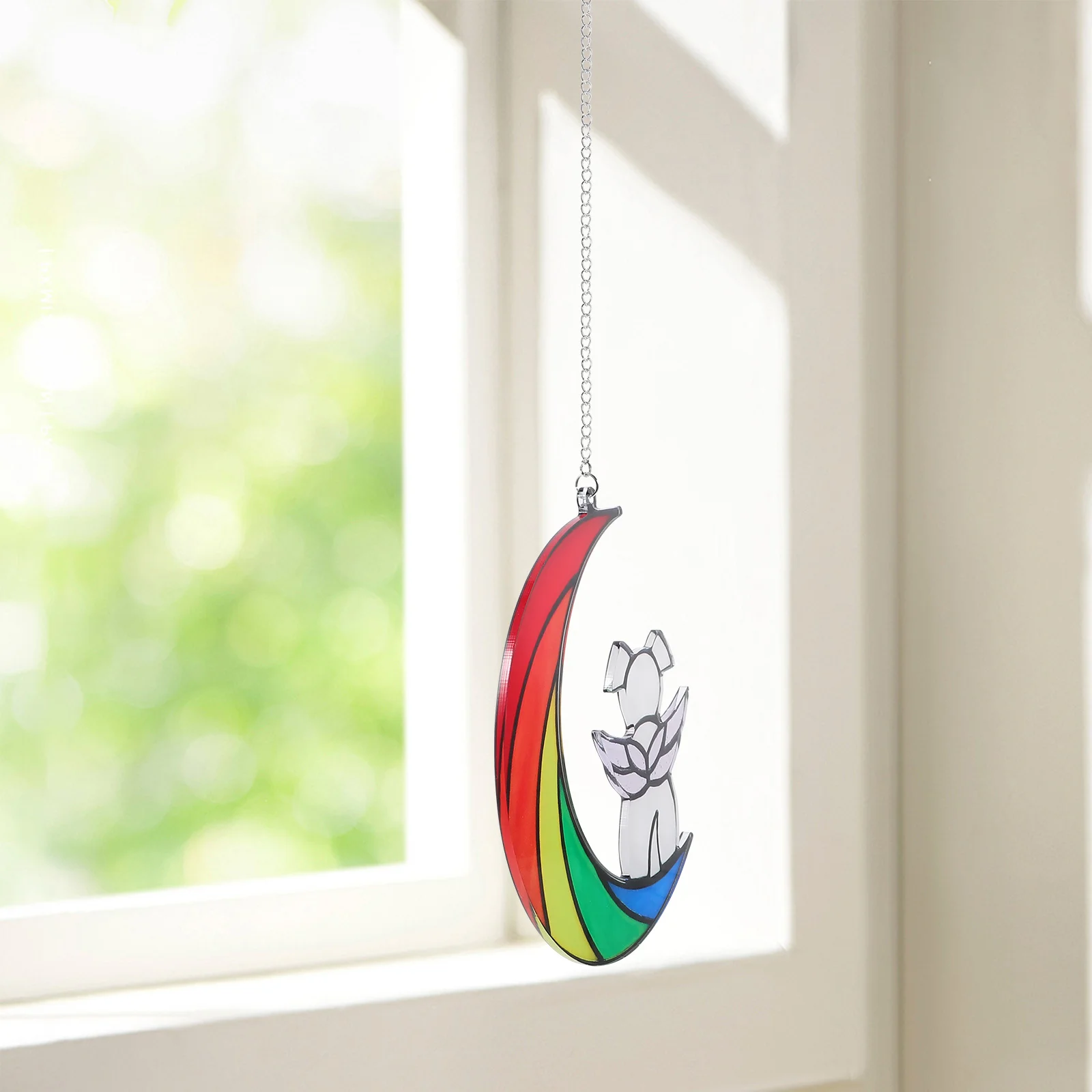 

Adorable Dog on Moon Acrylic Hanging Decor Window Pendant for Home Fireplace Stairway Porch Decoration Hanging Decor