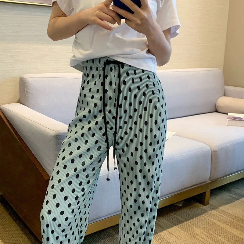 Pantalones de pierna ancha de lunares para mujer, pantalón recto, holgado, adelgazante, informal, fino, versátil, hasta el suelo, de cintura alta, para verano