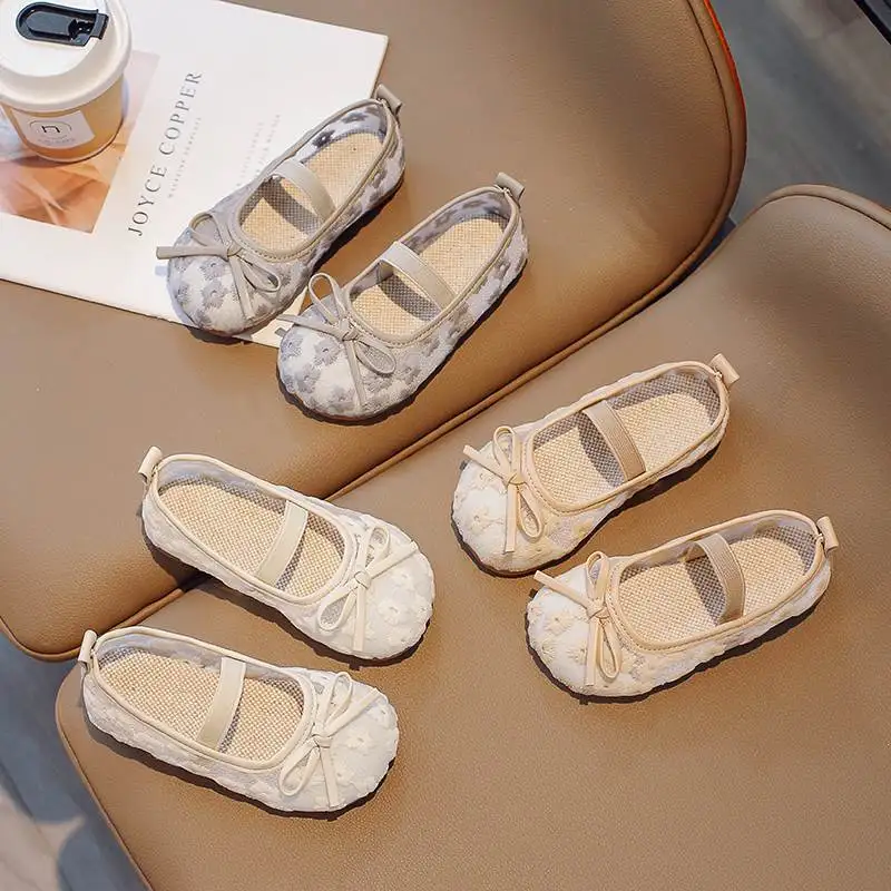 Floral Embroidery Lace Ballet Flats Baby Girls 2025 Summer New Breathable Mesh Ballerinas Kids Cute Wedding Party Dress Shoes