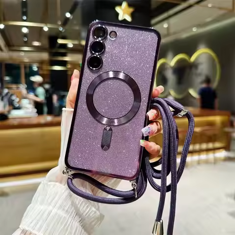 Glitter Crossbody Lanyard Magnetic Case For Samsung Galaxy S25 S24 S23 S22 S21 FE Plus Ultra For Magsafe Soft TPU Back Cover