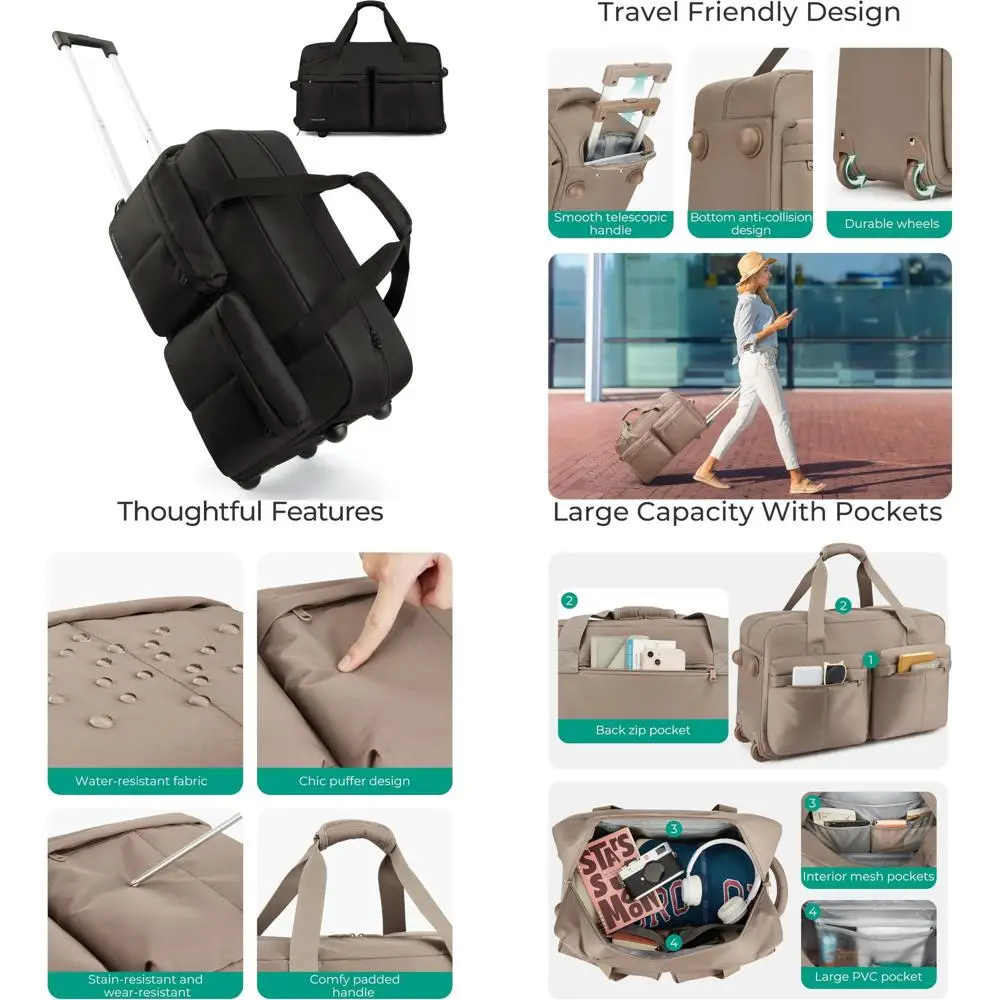 حقيبة دفل دوارة سعة 42 لترًا مع عجلات، حقيبة حمل للسفر، حقيبة من القماش الخشن بجيب مبلل، حقيبة سفر مدمجة ومتينة