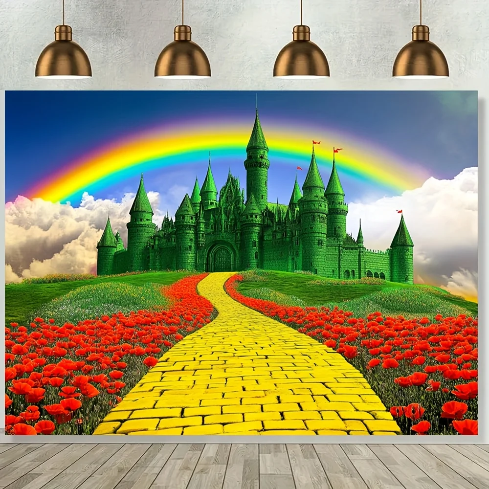 1 großer „Der Zauberer von Oz“-Jade-Schloss und Ziegelstraßenhintergrund – heller floraler Fotohintergrund aus Regenbogen-Polyester