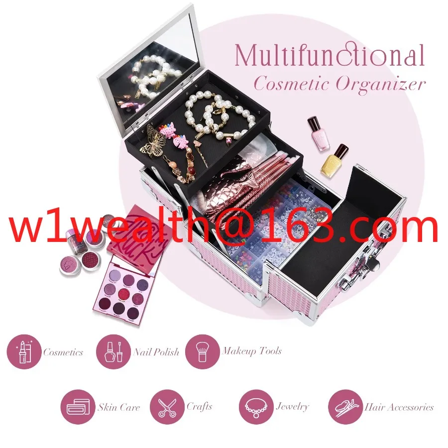 2 Tray Cosmetics Train Case with Mirror Aluminum Makeup Case Lockable Jewelry Makeup Case Storage Travel Makeup Artist Suitcase
