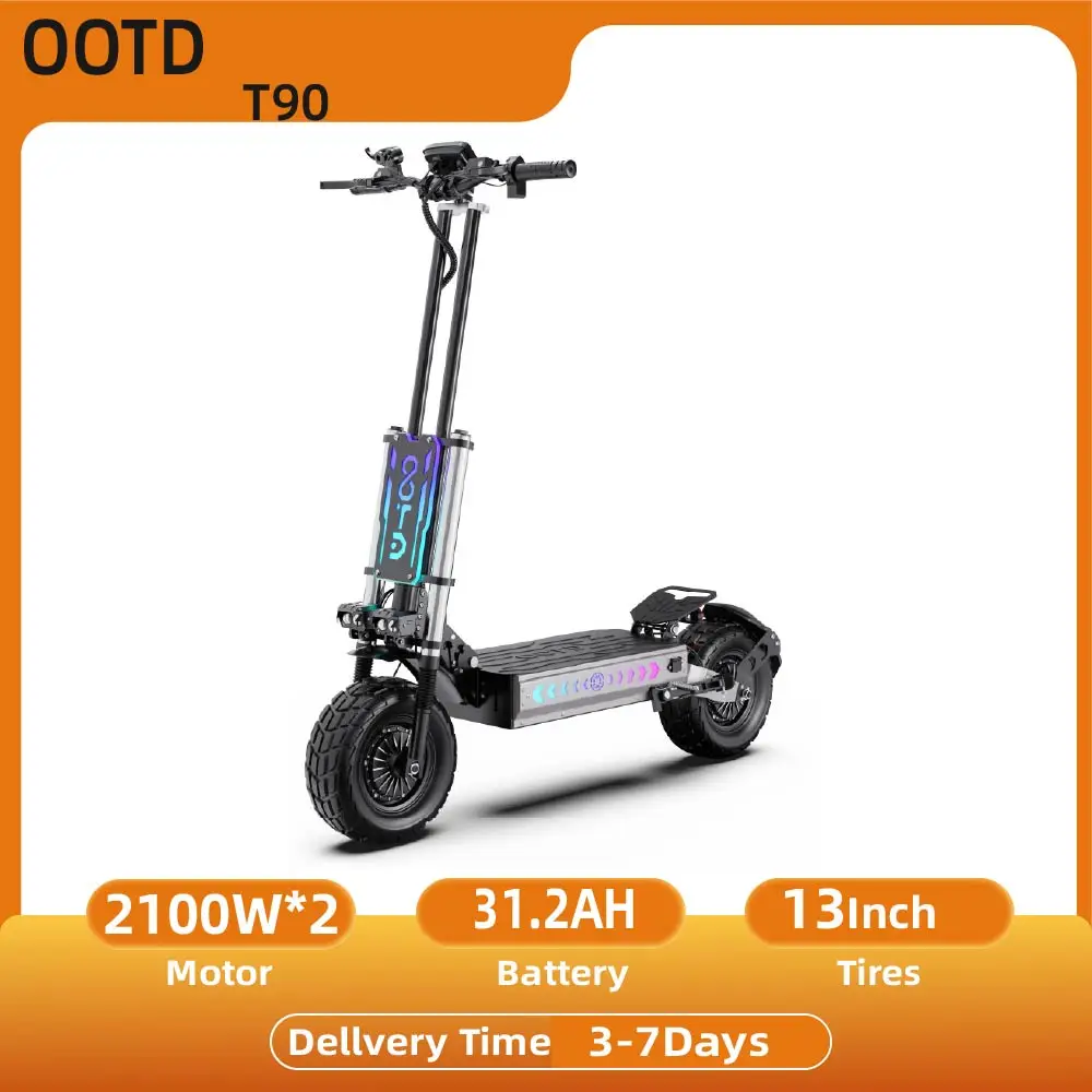 OOTD T90 Trottinette électrique tout-terrain pour adultes 2100W*2 Moteur double Batterie 60V31.2 AH Pneu tout-terrain de 13 pouces Trottinette électrique pliable