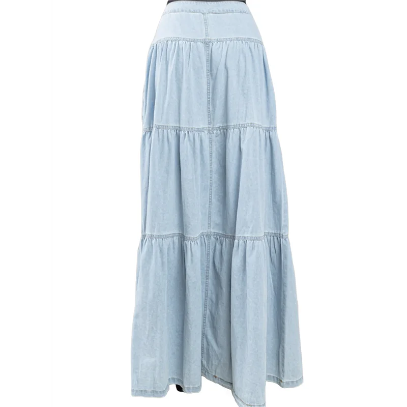 【Decoration de fête】 Jupes longues en jean pour femmes, jupes longues à plusieurs niveaux et boutonnées, taille haute