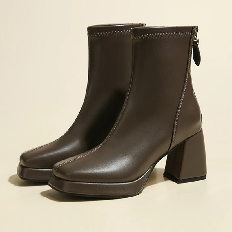 

Fashion Brand High Heels Ankle Boots Women Square Toe Elegant Short Boots Autumn Winter Platform Chelsea Boots Botines De Mujer