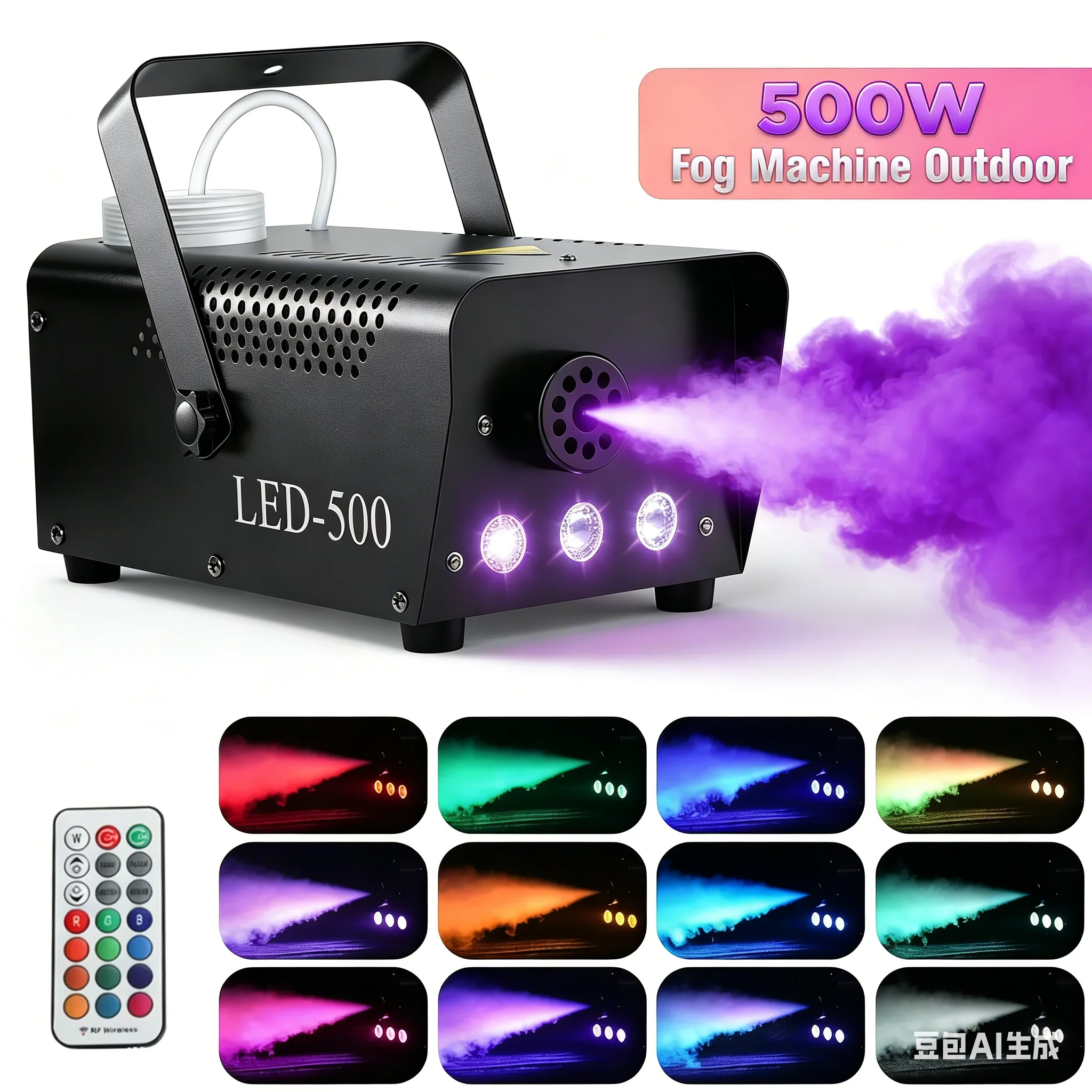 

500W RGB LED Smoke Machine with Wireless Remote Control, Colorful Stage Fog Machine DJ Equipment for Bar Party Concert Halloween