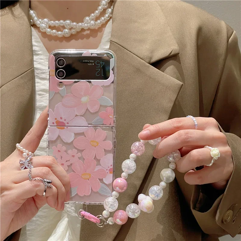 Romantic Pink Oil Painting Flower Phone Case for Samsung Galaxy Z Flip6 4 3 Hard Cover for ZFlip5 Zflip4 Solid Shell Bracket