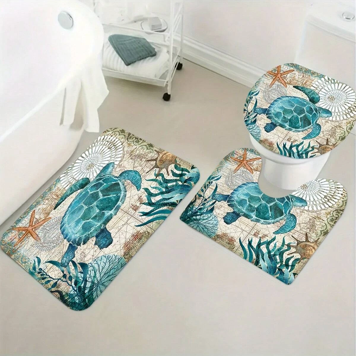 4pcs Waterproof Turtle Shower Curtain With 12 Hooks, Non-slip Bathroom Rug, Toilet U-shape Mat, And Toilet Lid Cover Pad